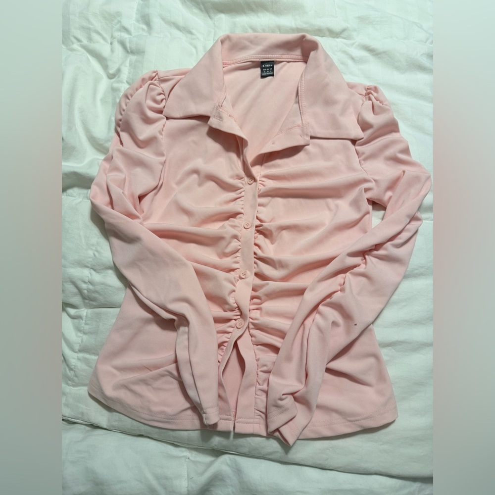 NWOT - SHEIN Light Pink Ruched Button Down Shirt - Small